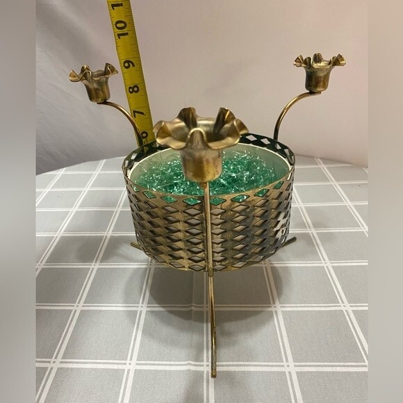 Vintage MCM Unique Gold Metal 3 Candle Holder Bowl Centerpiece Holiday Basket - Picture 8 of 9